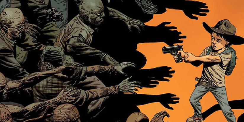 Comic book art: Zombies crowd a young boy with a gun.