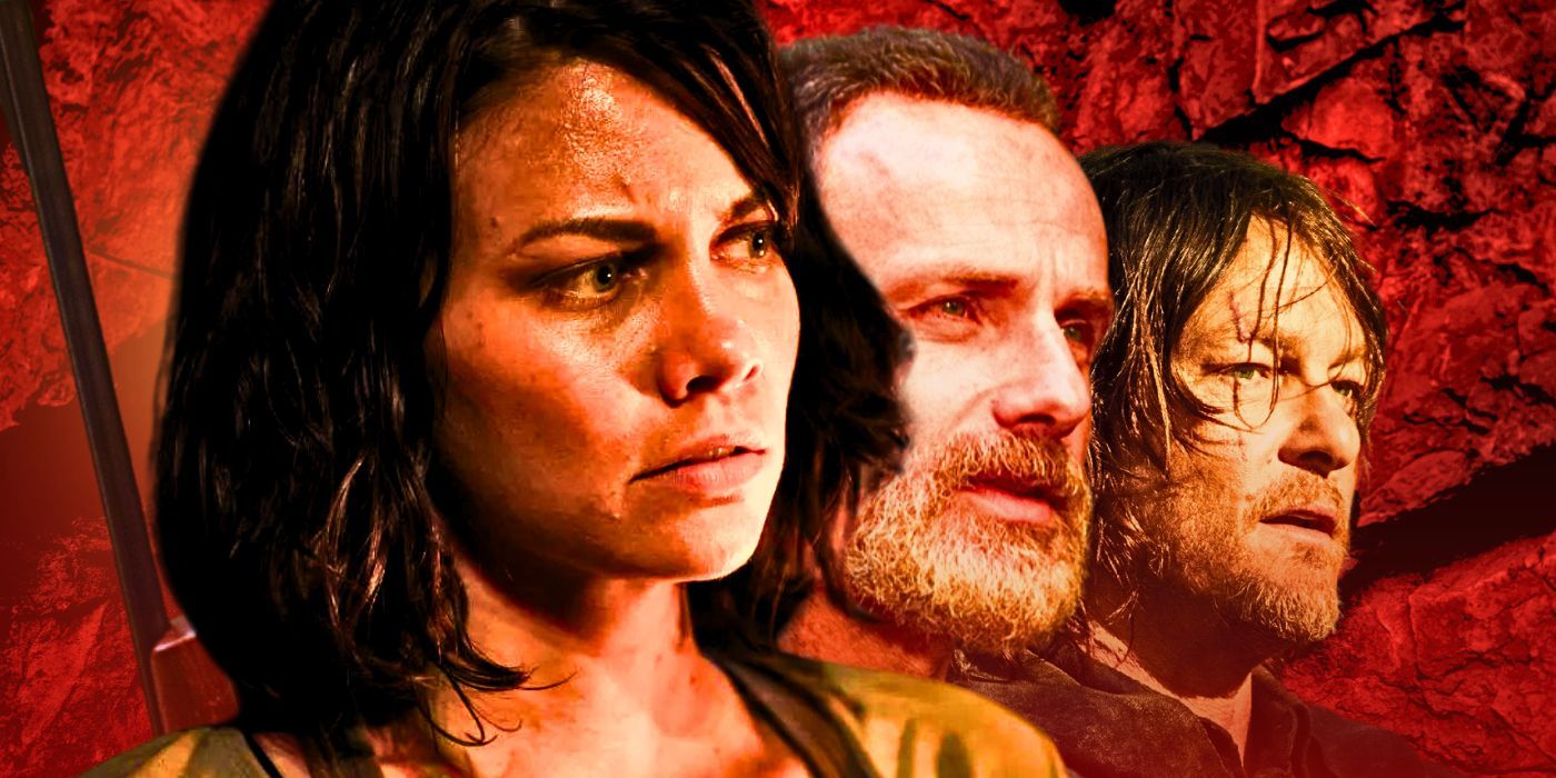Custom image of Maggie, Rick, and Daryl from the Walking Dead looking to the side with a red background