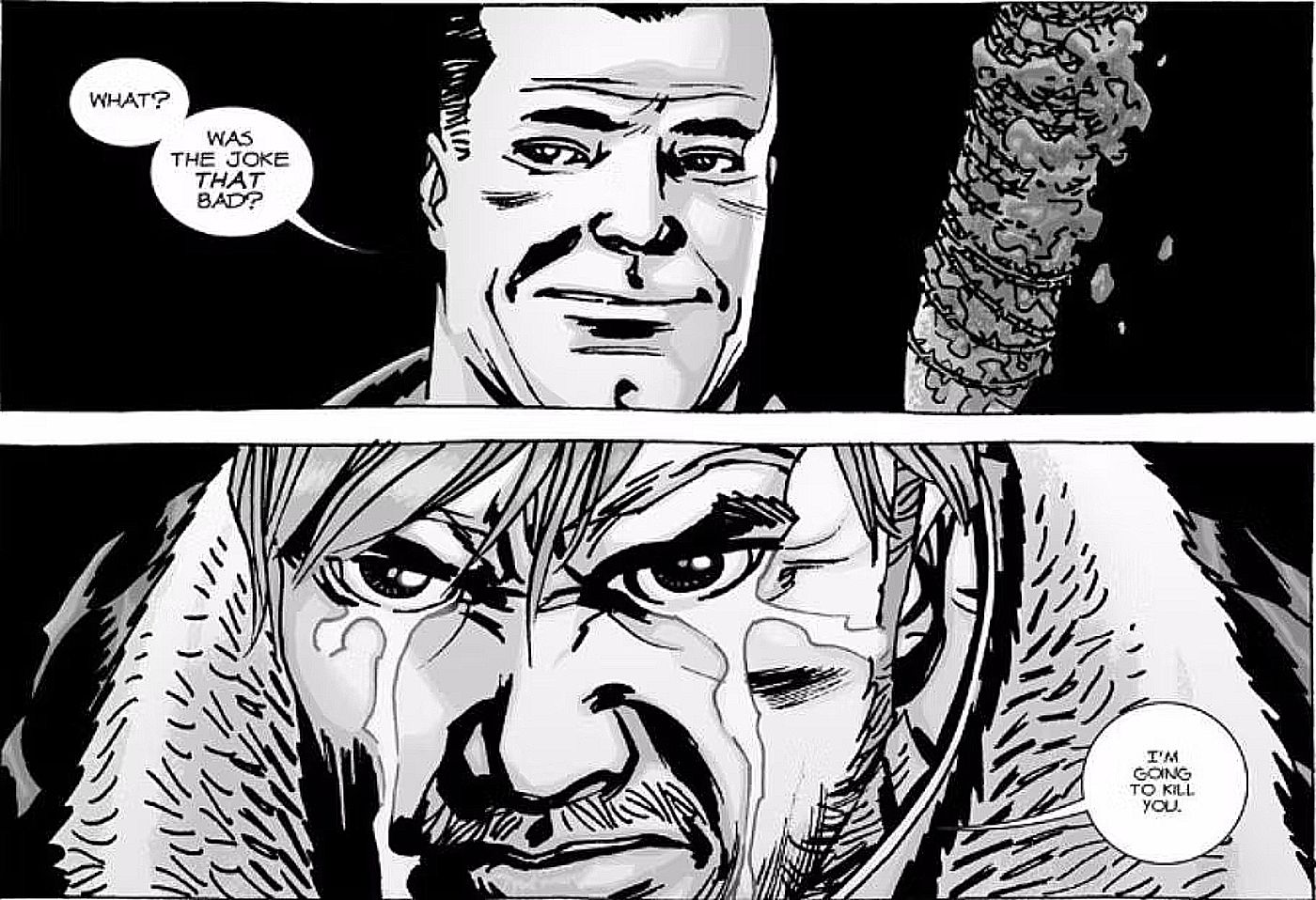 panels from Walking Dead #100, Rick Grimes vows to kill Negan for murdering Glenn