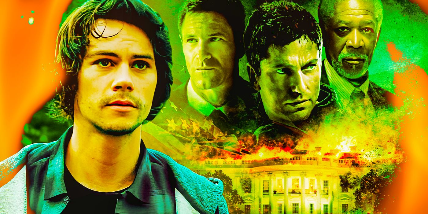 The White House in flames from Olympus Has Fallen and Dylan O'Brien as Mitch-Rapp from American Assassin-