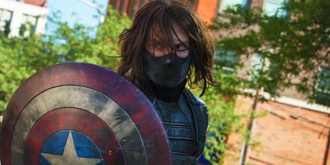 The Winter Soldier with Captain America's shield in Captain America The Winter Soldier