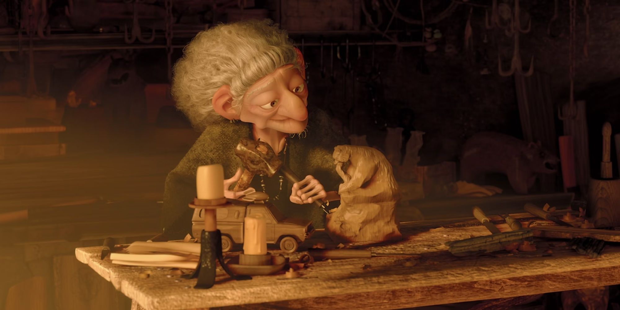 The witch with a Pizza Planet truck woodcarving in Brave