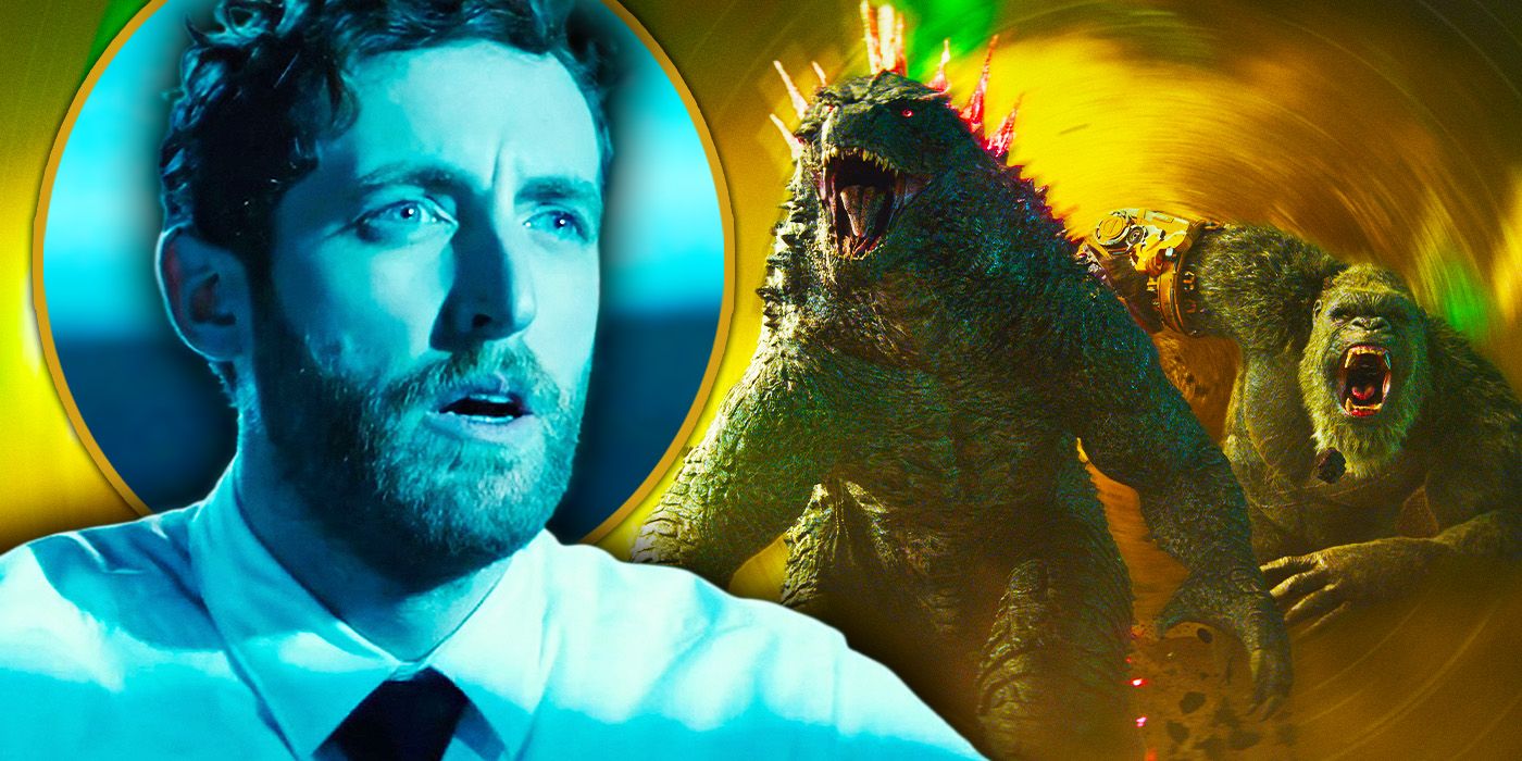 Thomas Middleditch as Sam Coleman in Godzilla: King of the Monsters juxtaposed with Godzilla and Kong running Godzilla x Kong: The New Empire