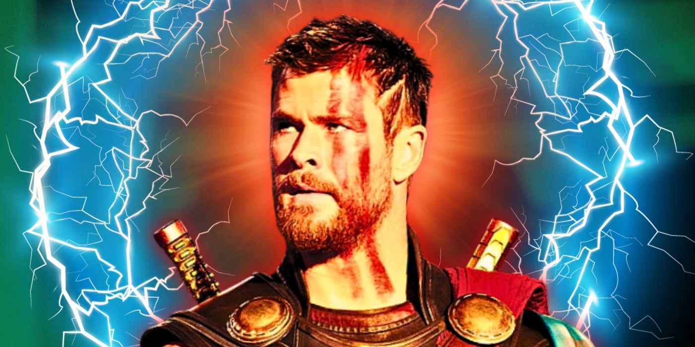 Chris Hemsworth as Thor in the MCU surrounded by a circle of lightning