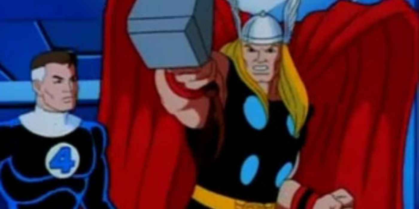Thor brandishing Mjolnir in the Fantastic Four animated series