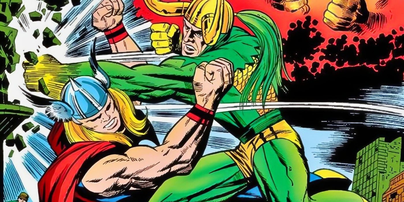 Thor fighting Loki in Marvel Comics. 