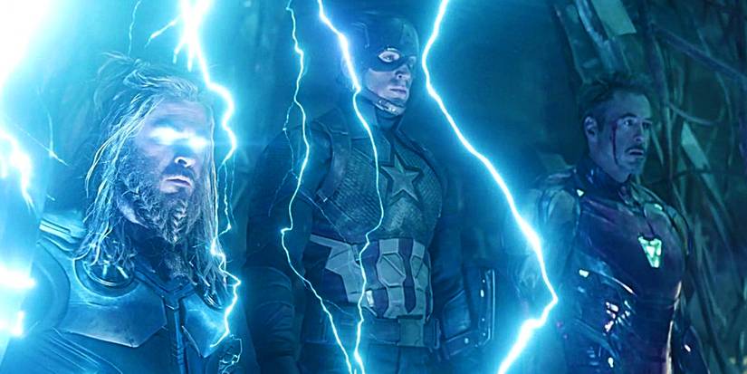 Thor using lightning with Captain America and Iron Man in Avengers Endgame