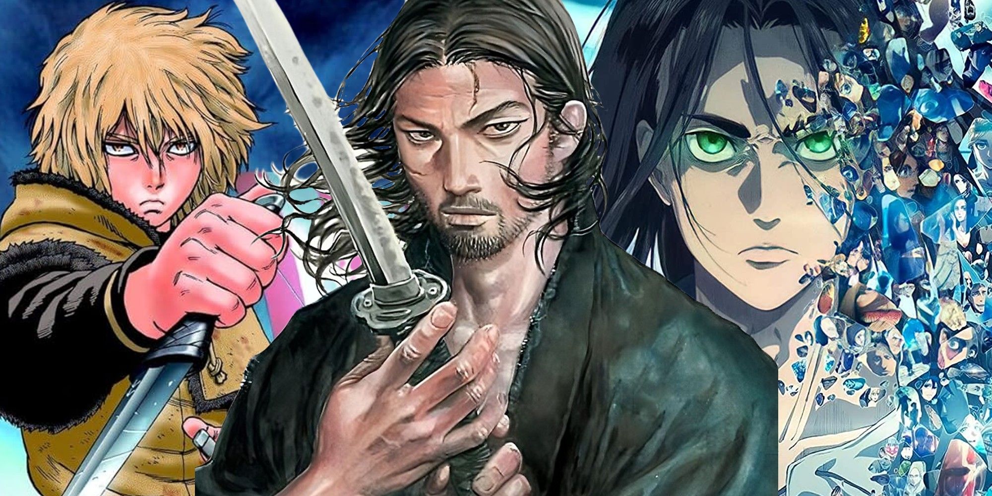 Thorfinn, Miyamoto Musaashi e Eren de Vinland Saga, Vagabond e Attack on Titan juntos em uma imagem estilo colagem.