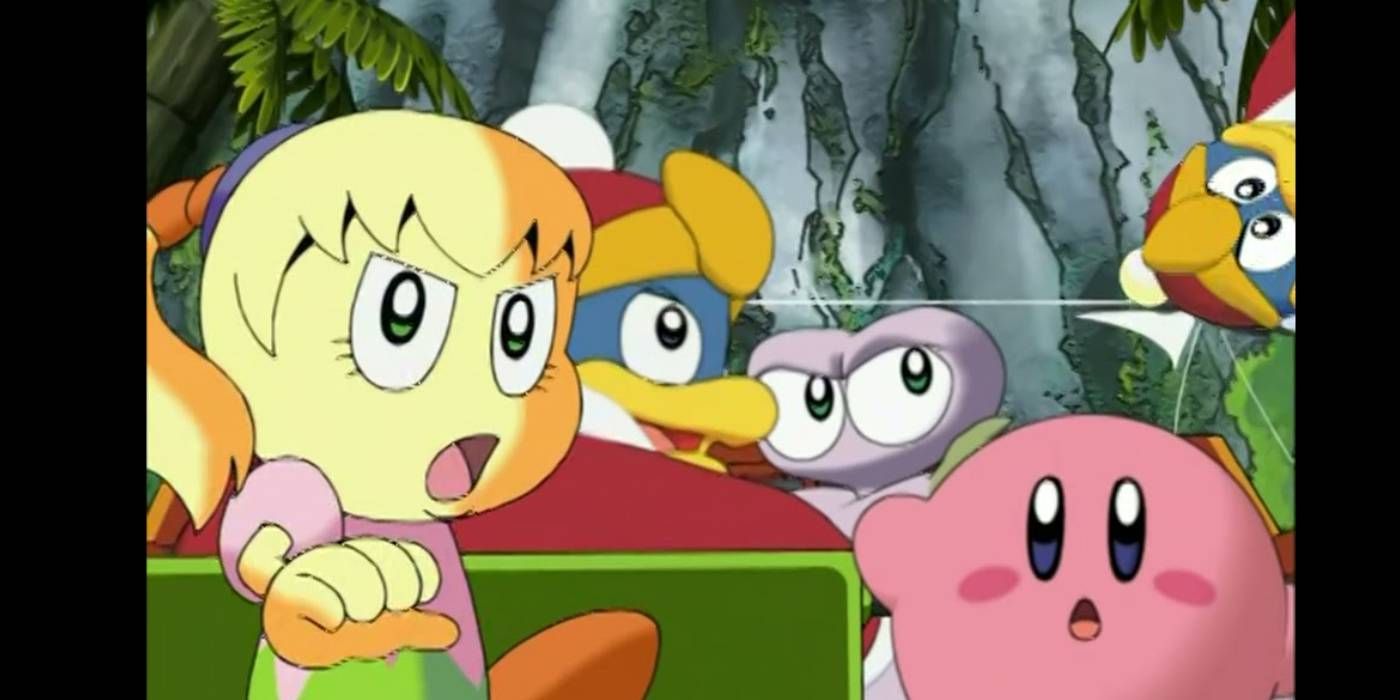 Tiff, King Dedede, Escargoon e Kirby em Kirby_ De volta a Ya!