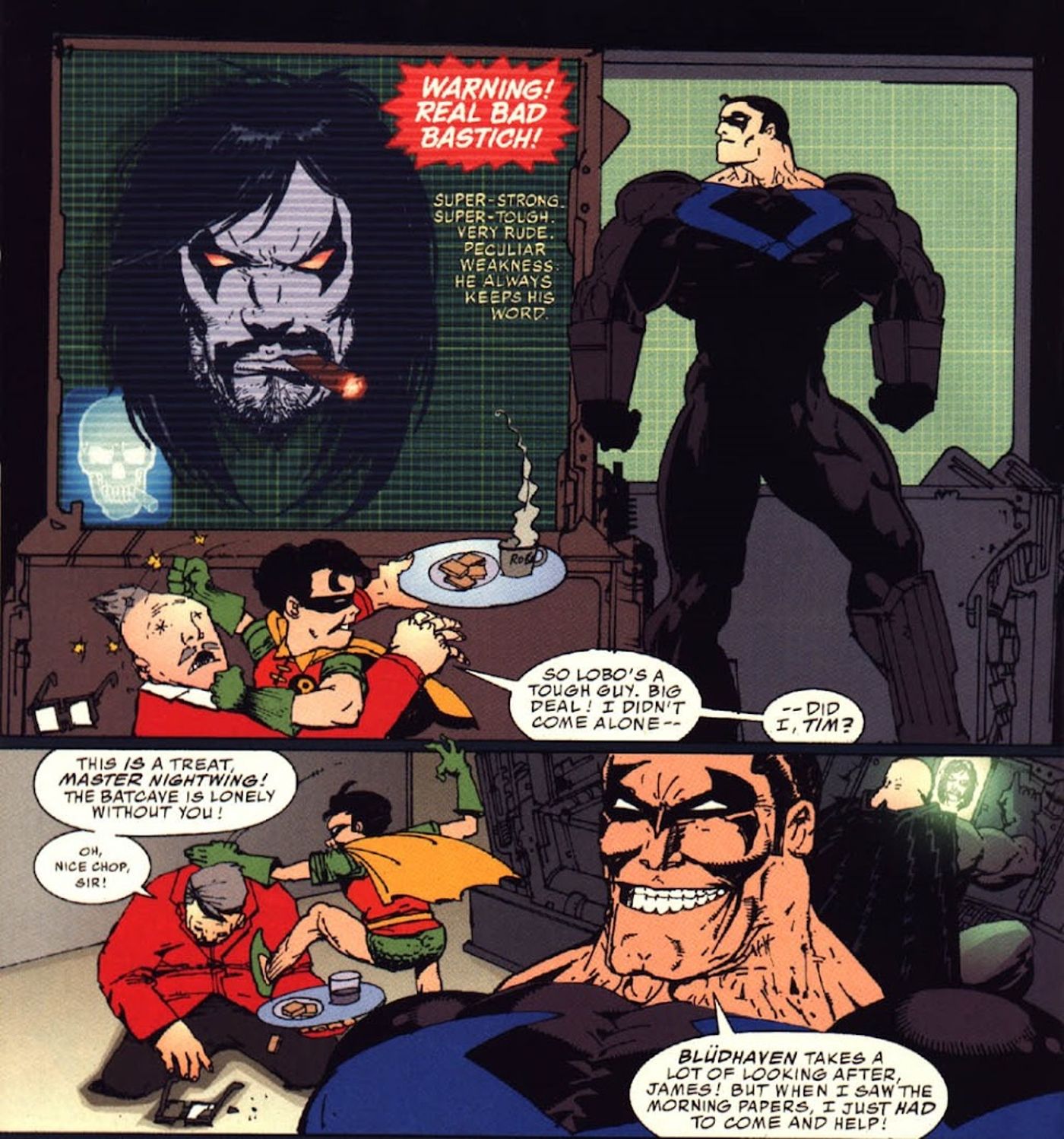 Batman/Lobo, Tim Drake as Nightwing, with Robin and James Gordon. 
