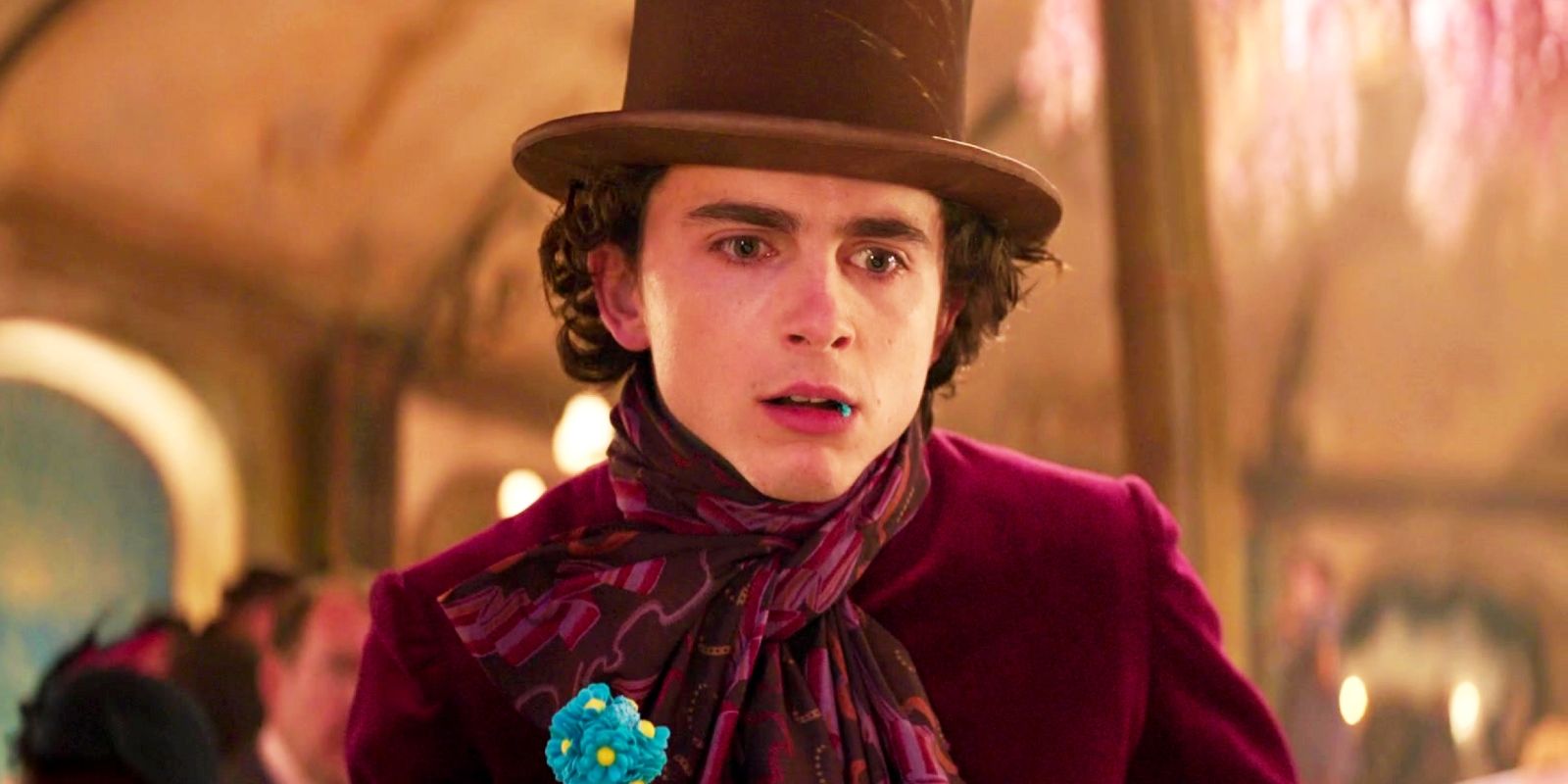 Timothée Chalamet looking surpirsed as Willy Wonka in Wonka 