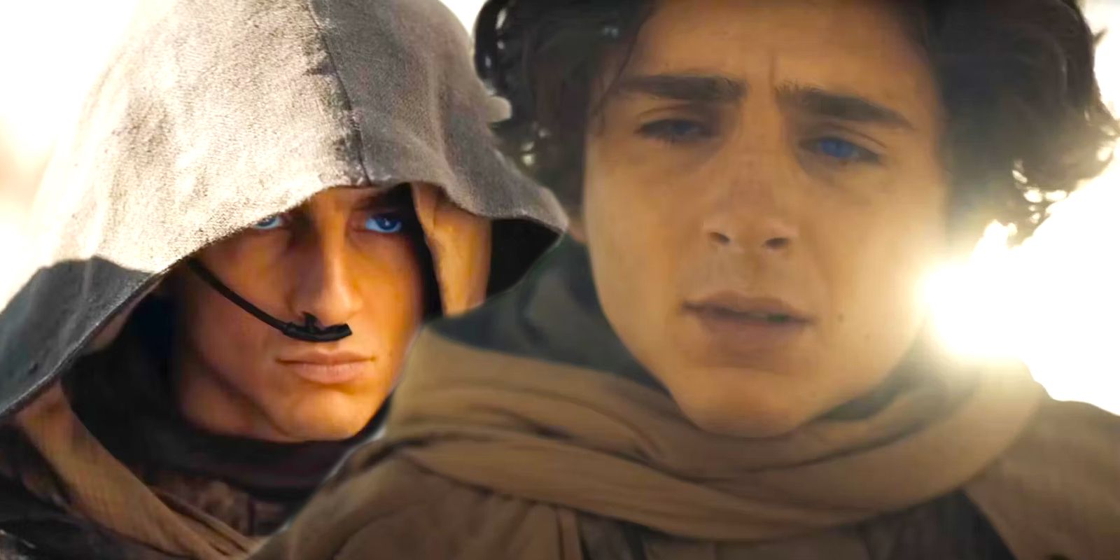 Timothée Chalamet as Paul Atreides in A Hood Next to Chalamet as Paul Looking Worried in Dune Part 2