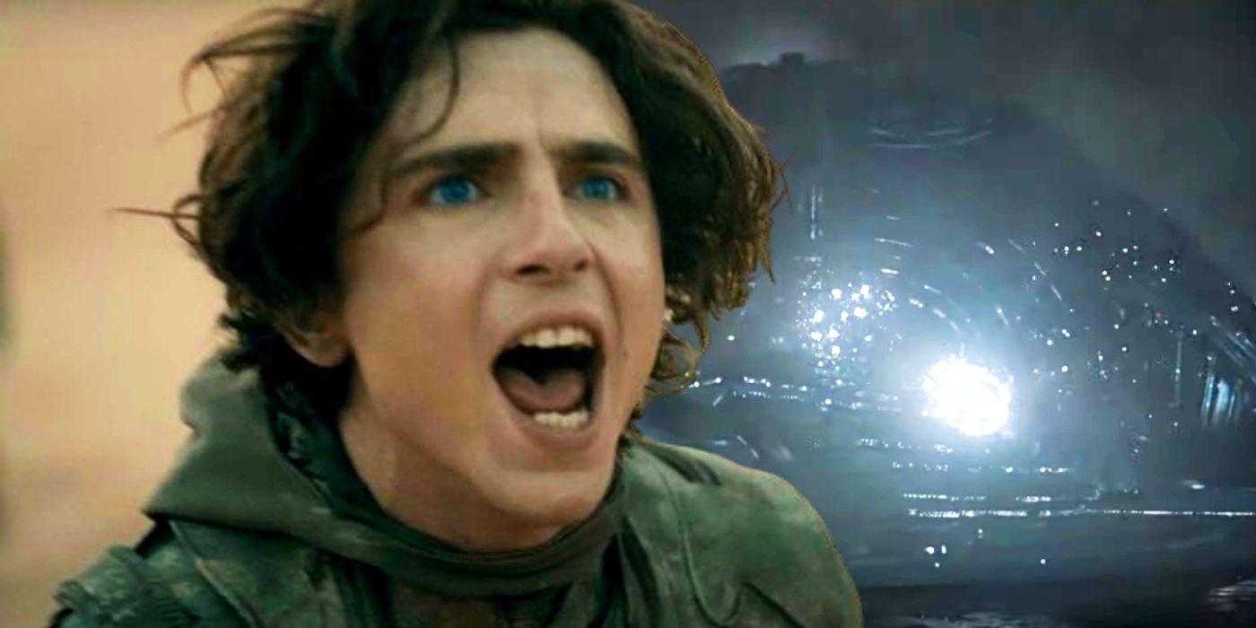 Timothée Chalamet screaming as Paul juxtaposed with an explosion on the exterior of a spaceship in Dune Part Two