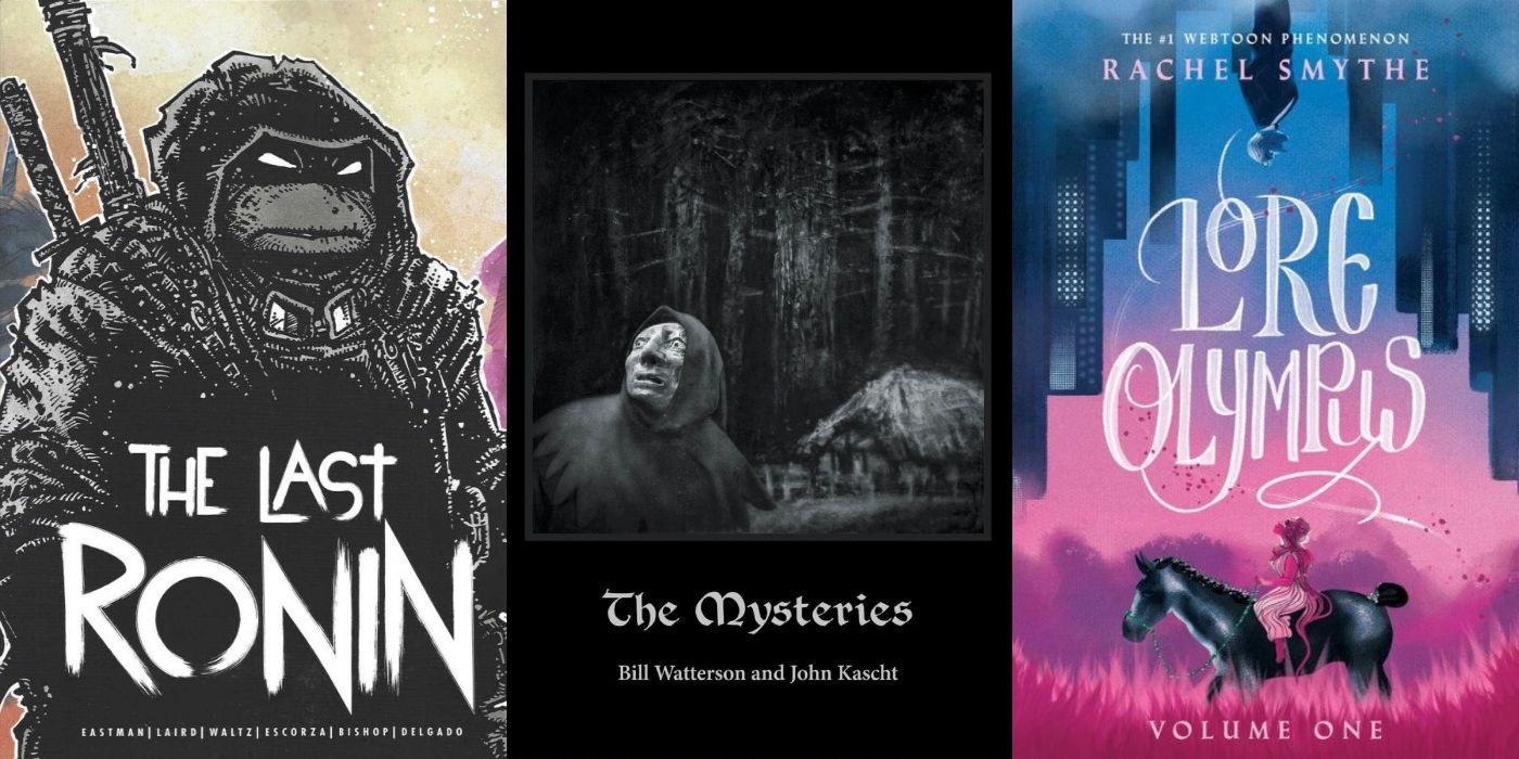 Collage of TMNT, The Mysteries, and Lore Olympus