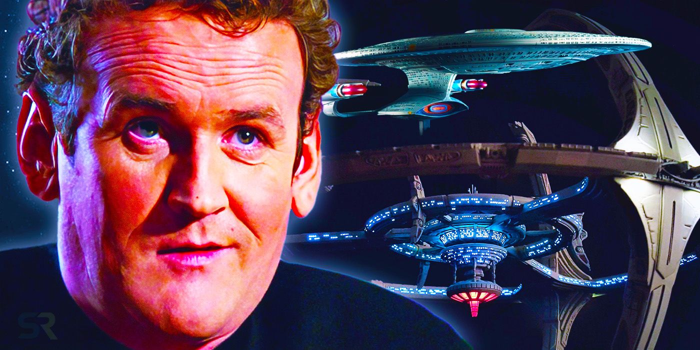 Colm Meaney as Miles O’Brien with Deep Space Nine and the USS Enterprise-D