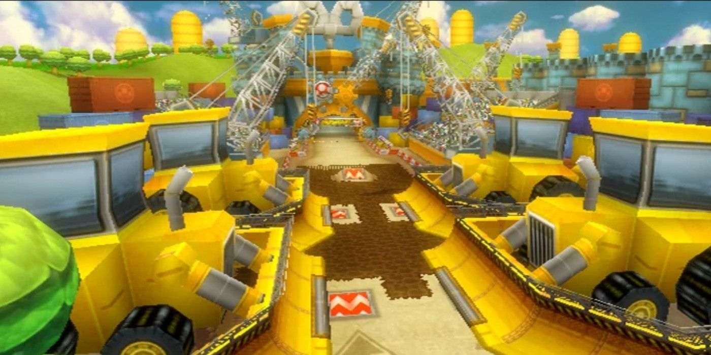 Toads Factory na linha de chegada de Mario Kart Wii com aumento de velocidade e lama.