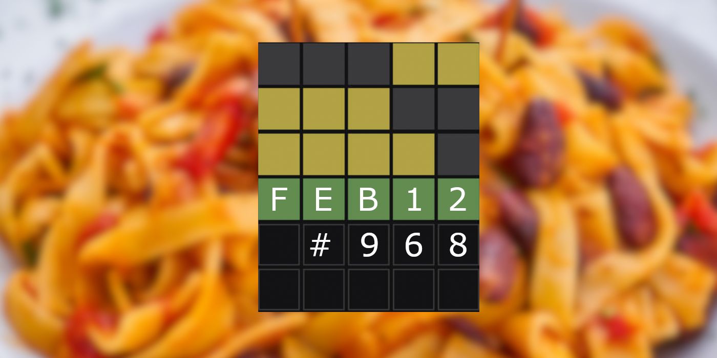 February 12, 2024 (Puzzle #968) Wordle grid with pasta in the background