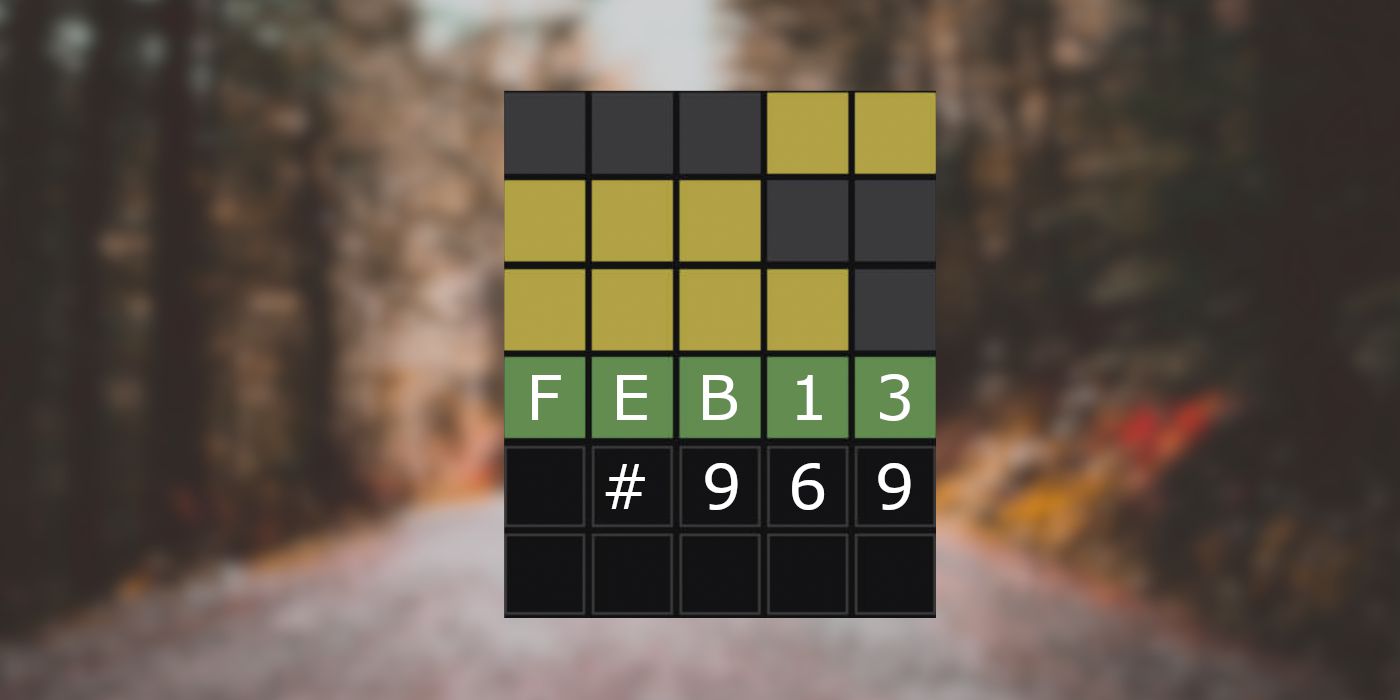 February 13, 2024 (Puzzle #969) Wordle grid with a person scramming from the forest in the background