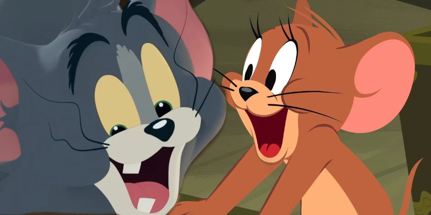 Tom smiling with teeth missing and Jerry smiling excitedly in Tom and Jerry 2021.