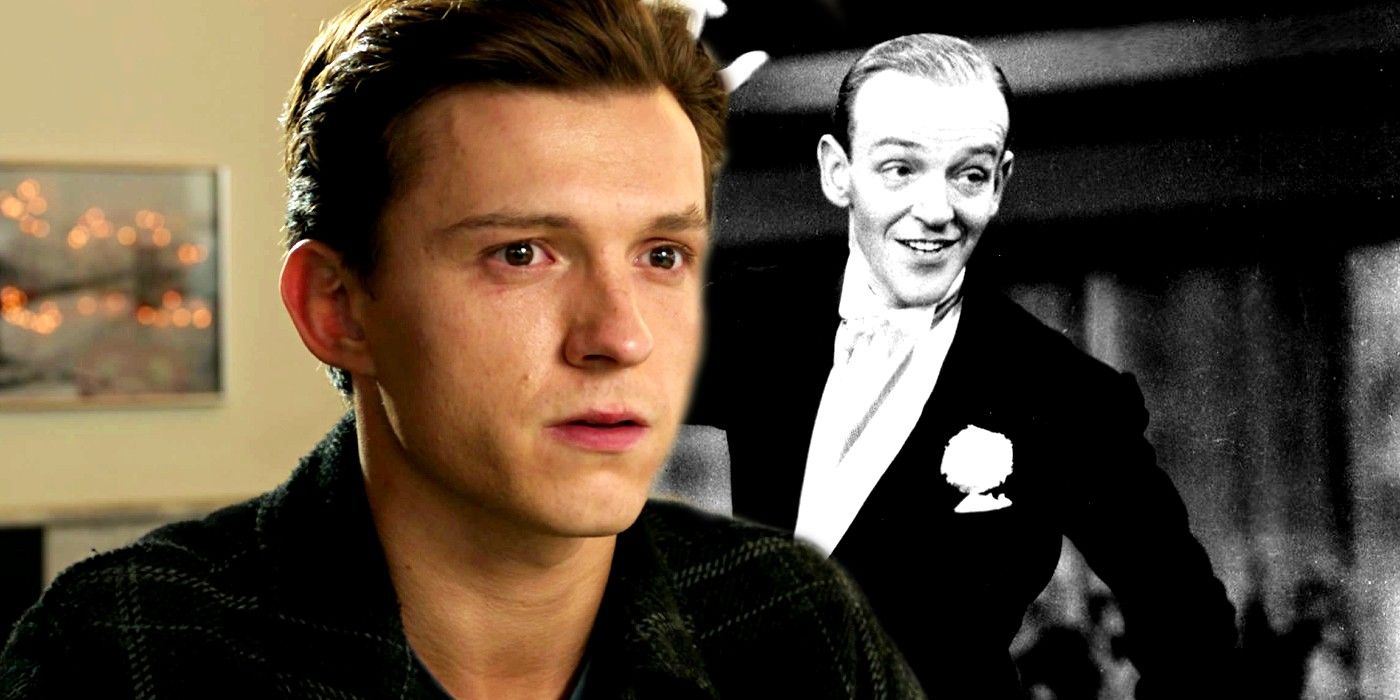 Tom Holland as Peter Parker in Spider-Man No Way Home and Fred Astaire dancing and smiling