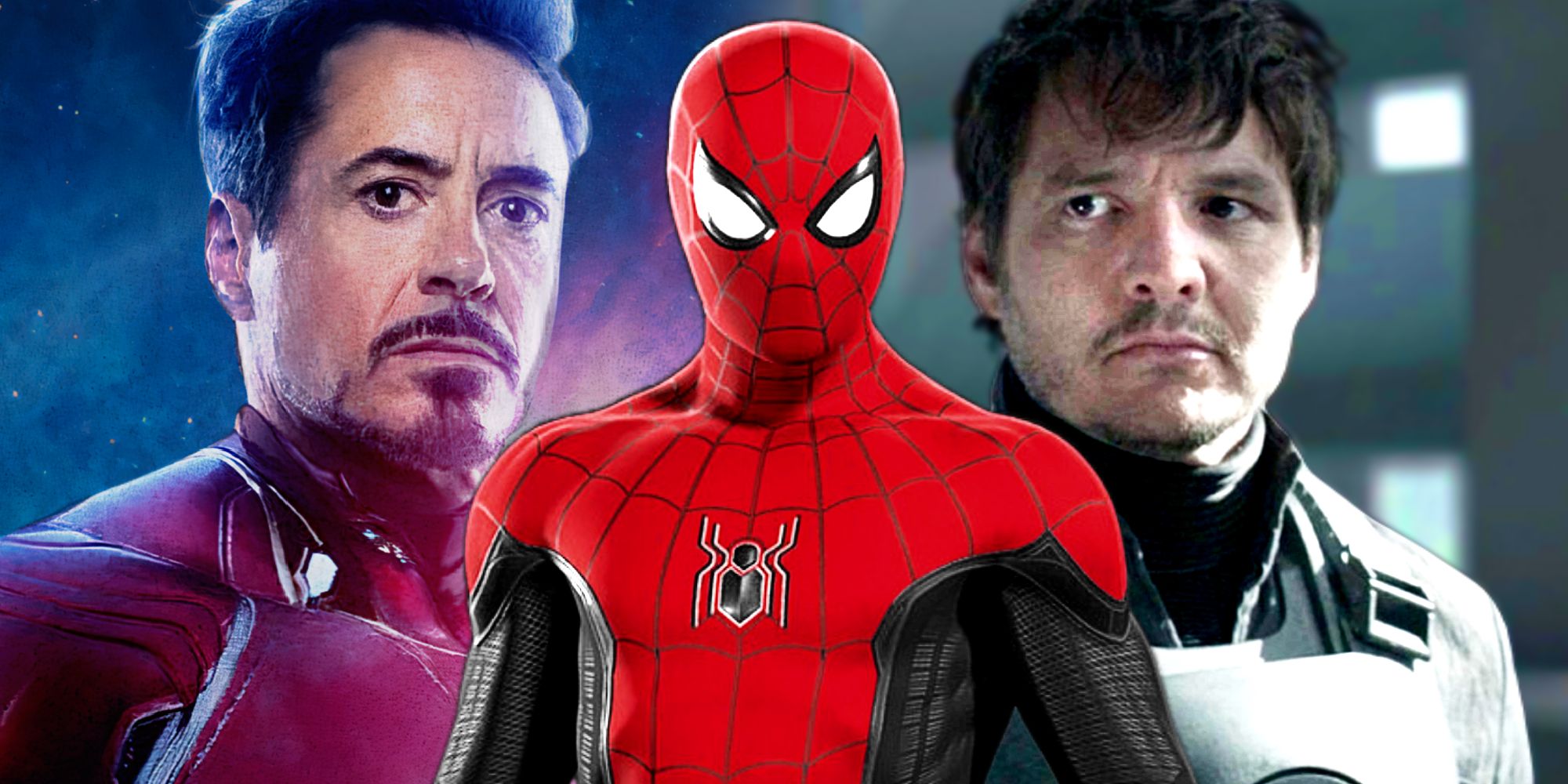 O Homem-Aranha de Tom Holland com o Homem de Ferro de Robert Downey Jr e o Senhor Fantástico de Pedro Pascal