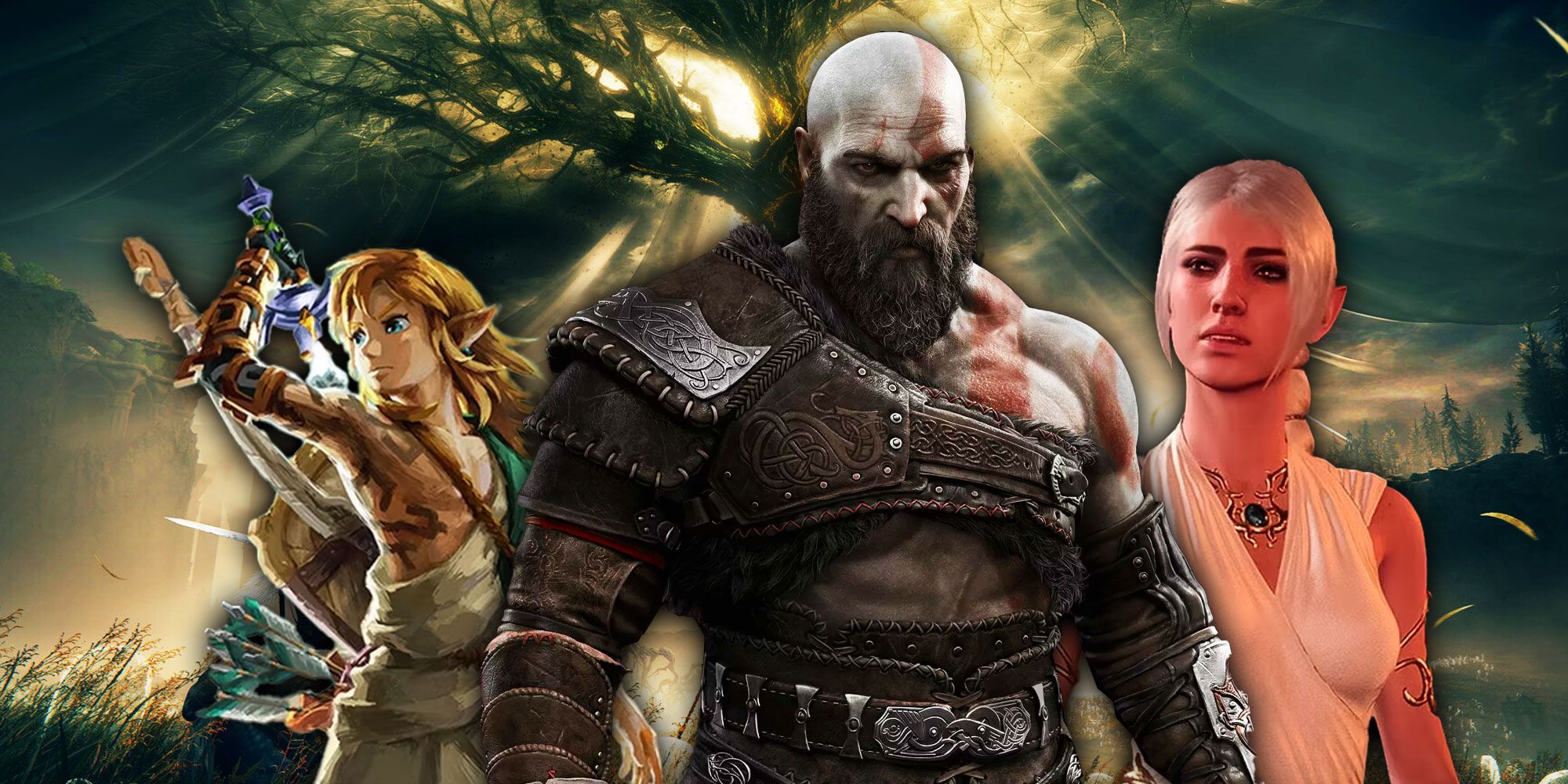 Kratos, Link, and Shadowheart in front of the Erdtree from Elden Ring. 
