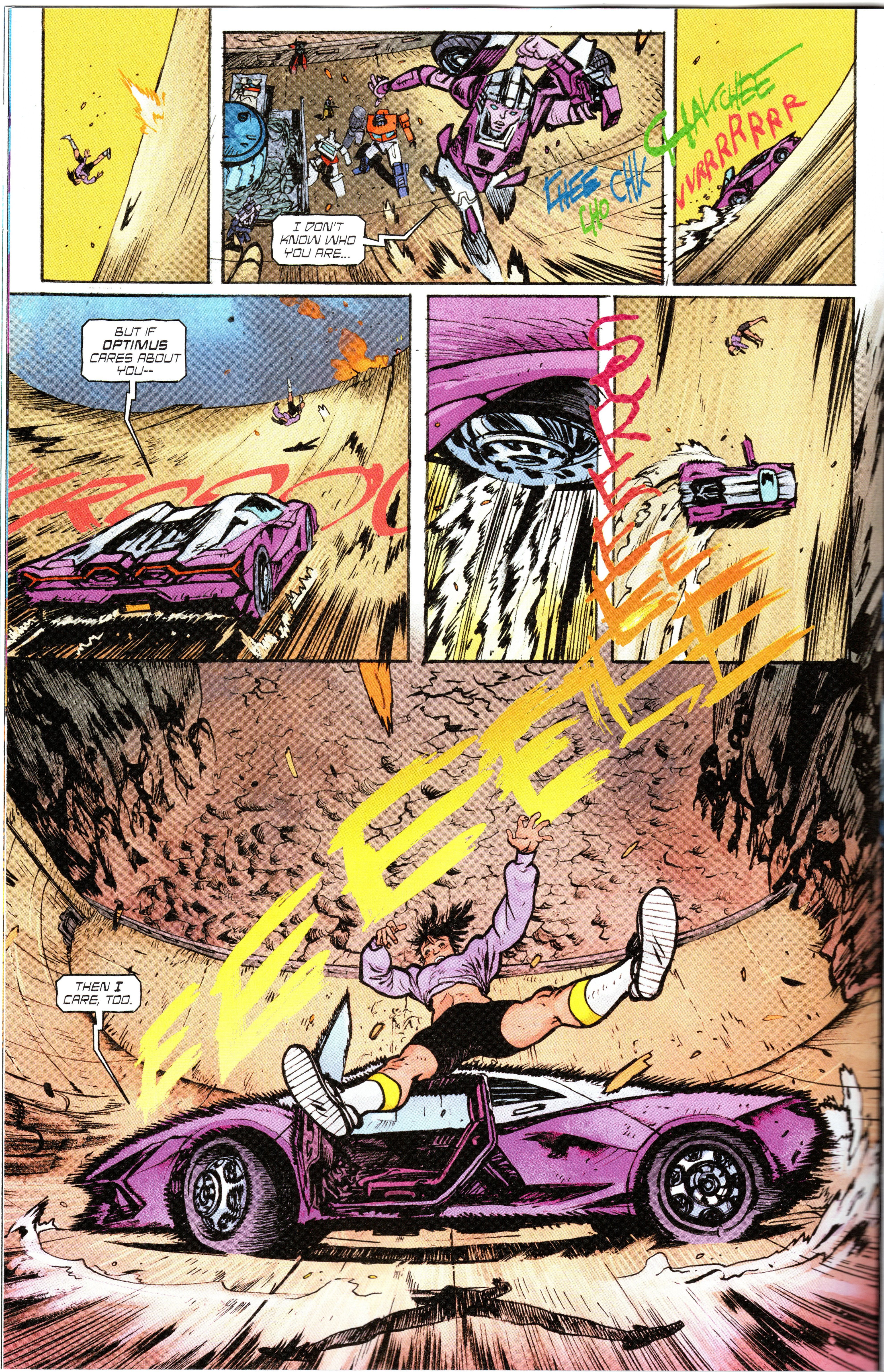 Transformers #5, Arcee se transforma em modo carro e salva a humana Carly da morte certa