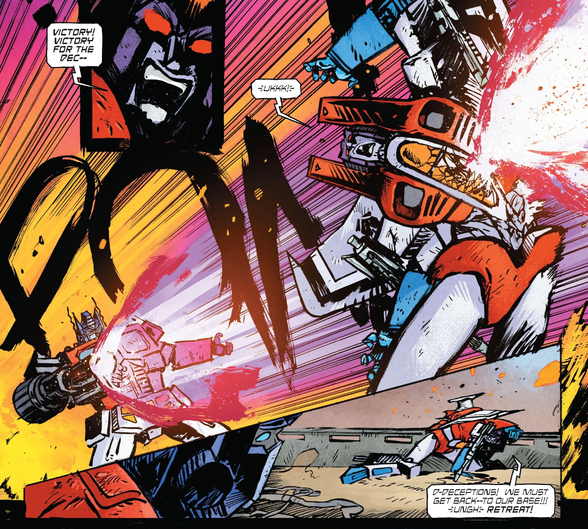 Transformers #5, Optimus Prime detonates Starscream with Megatron's cannon 