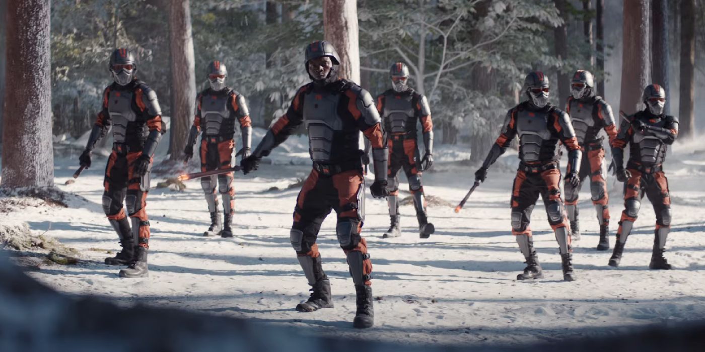 TVA Hunters standing in the snow ready to attack with Time Sticks in Deadpool & Wolverine