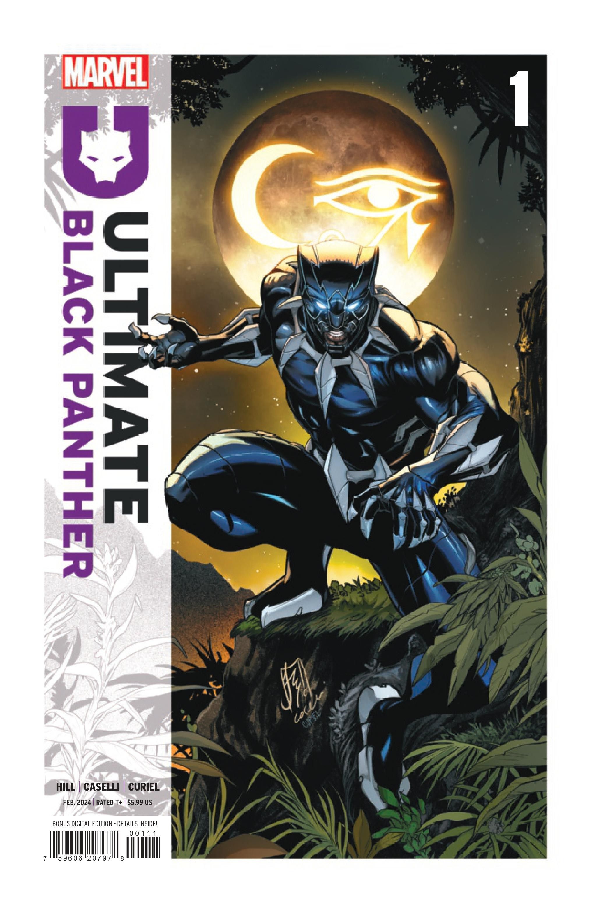 Cover for Ultimate Black Panther #1, featuring him kneeling before a moon.