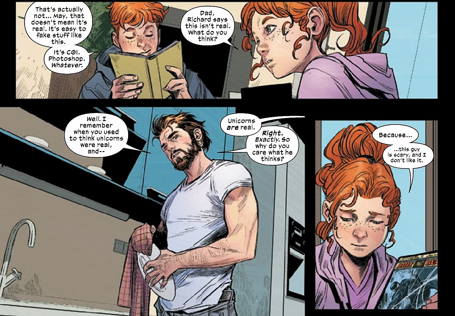 Ultimate Spider-Man #2, Peter Parker conversa com seus filhos Richard e May sobre o novo herói sem nome em Nova York