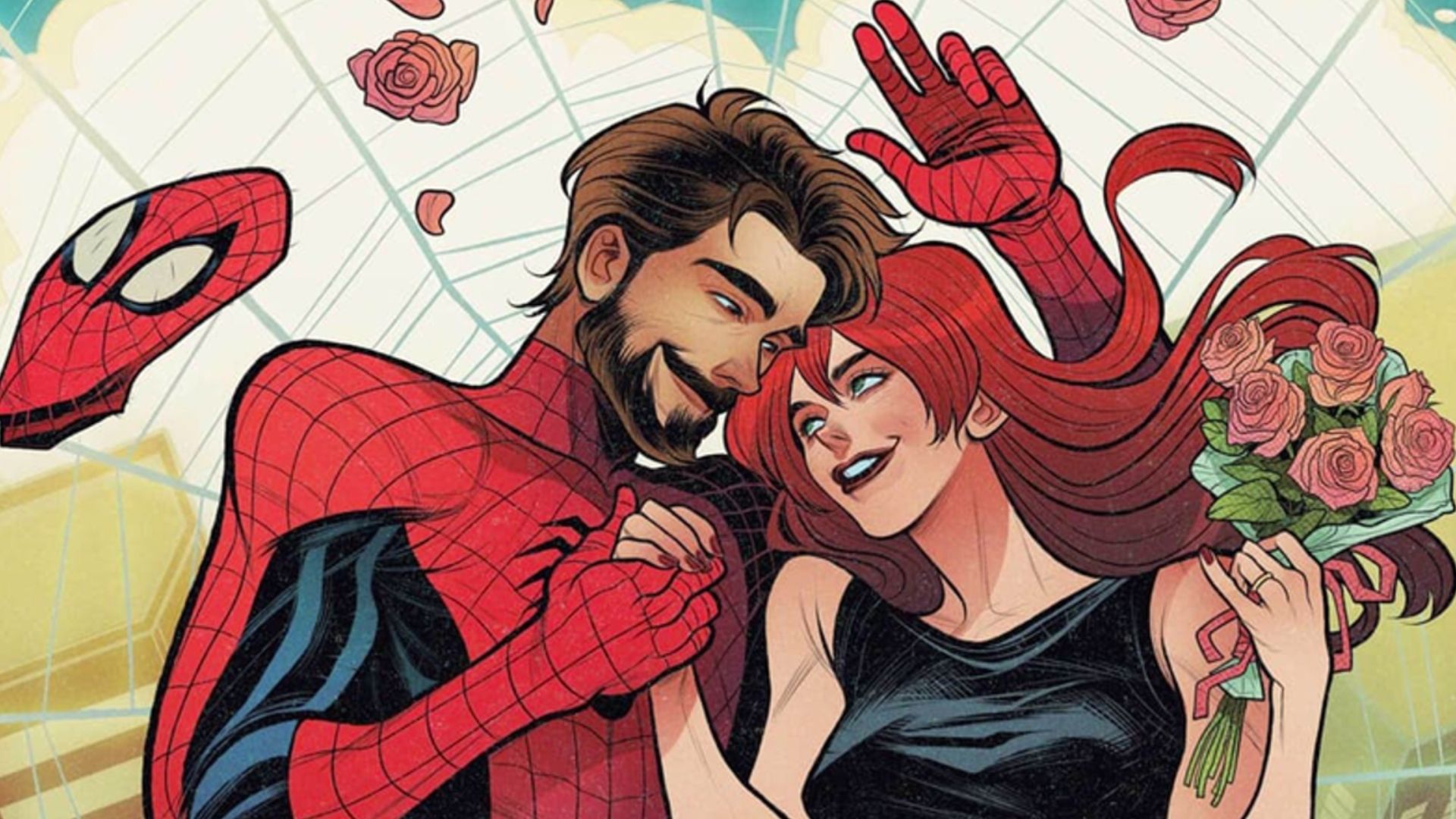 Adult Peter Parker and MJ Watson lay on a web holding hands. MJ holds flowers and Peter's mask lays on the web nearby.
