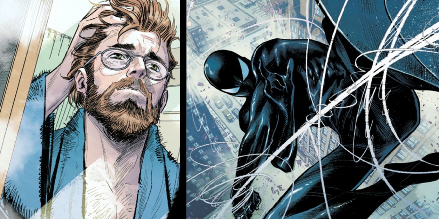 A bearded Peter Parker alongside his black Ultimate Spider-Man suit