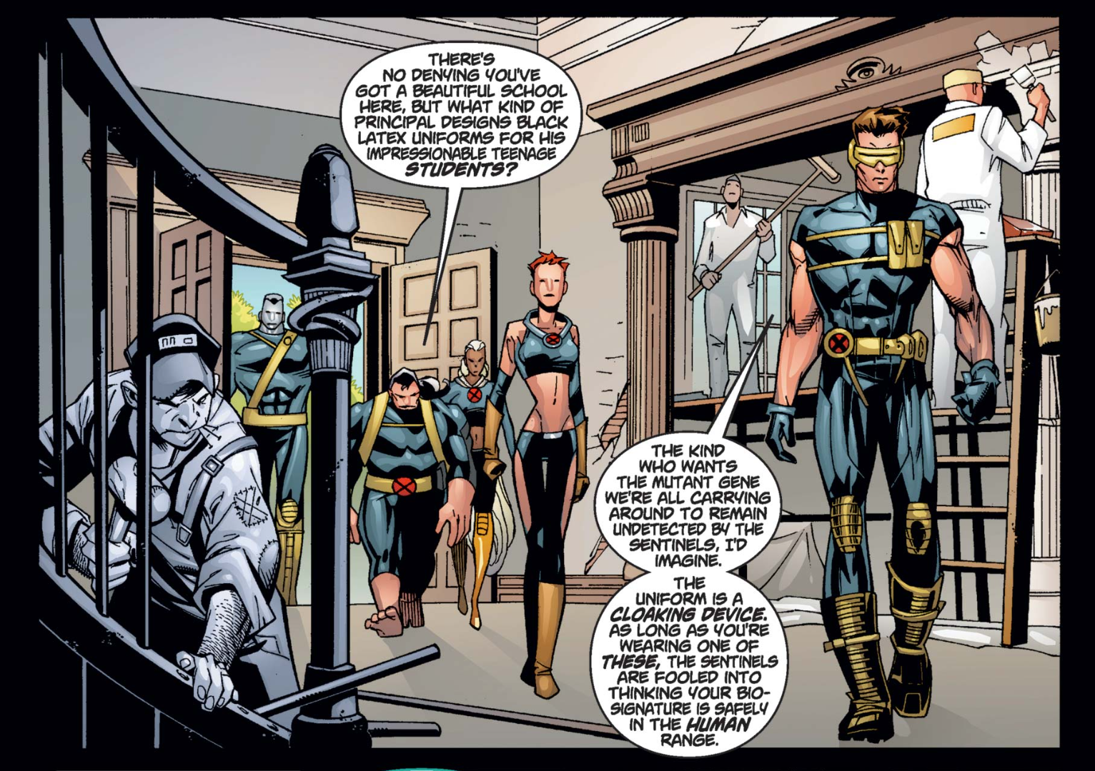 Ultimate X-Men #1, Cyclops explain that their costumes help hide their mutant signatures from Sentinels.