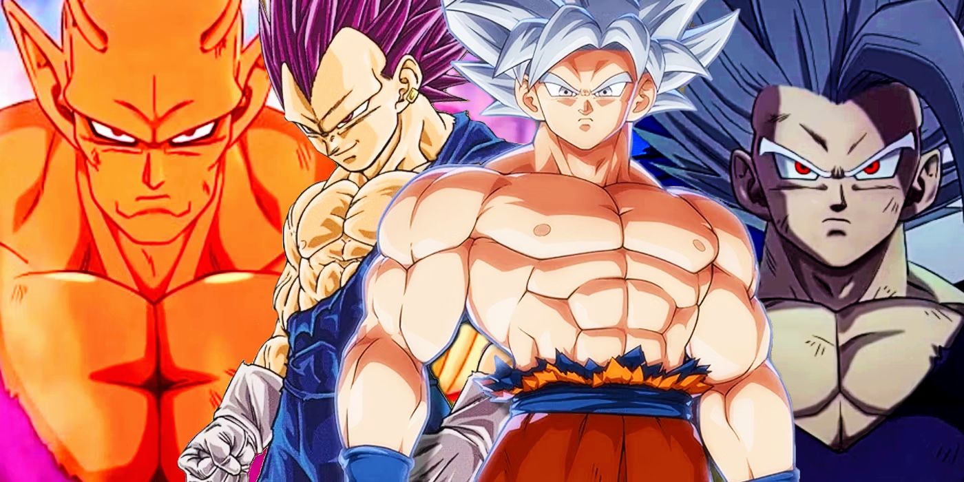 Orange Piccolo standing to the left of centered Ultra Instinct Goku and Ultra Ego Vegeta, with Beast Gohan to their right