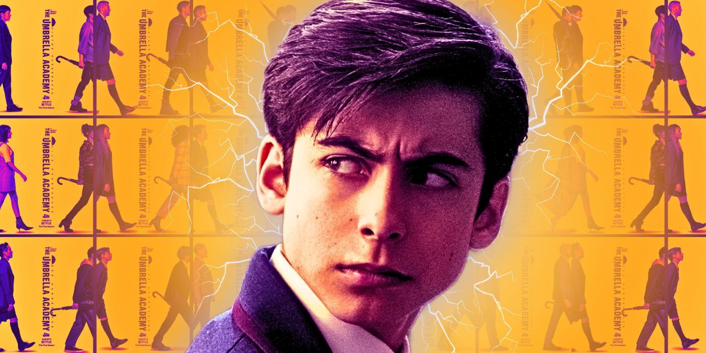 Aidan Gallagher as Number Five in The Umbrella Academy with season 4 posters as the background
