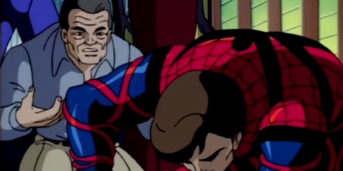 O tio Ben de Brian Keith inspirando Peter Parker a se levantar em Homem-Aranha: a série animada