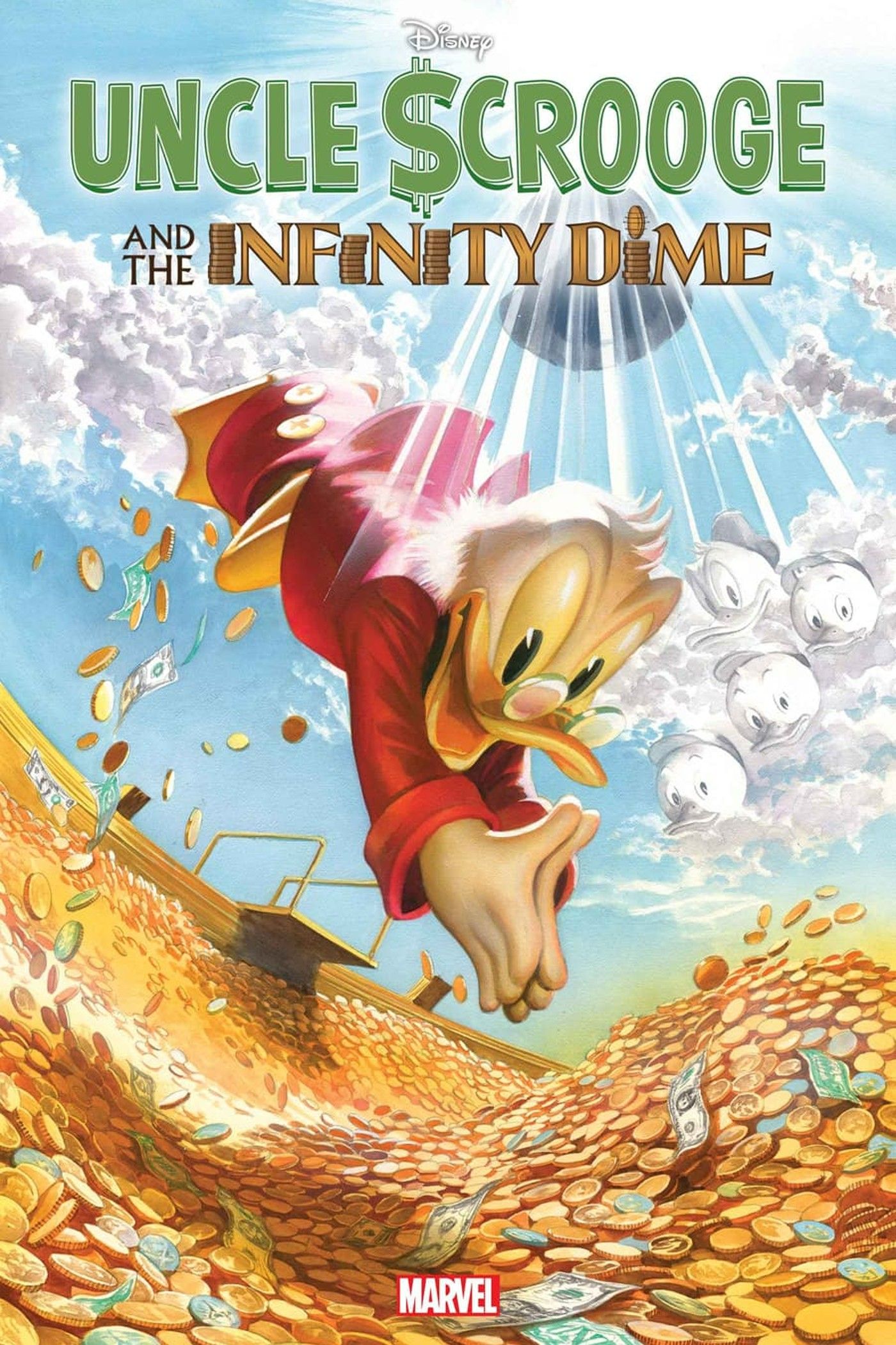 Scrooge McDuck dives into a field of gold coins and dollar bills while wearing a red coat