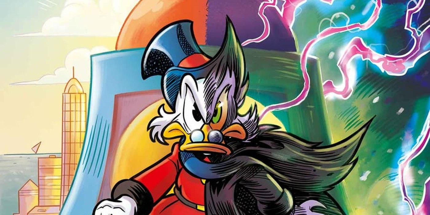 Uncle Scrooge and the Infinity Dime cover close-up, a menacing looking version of Scrooge McDuck.