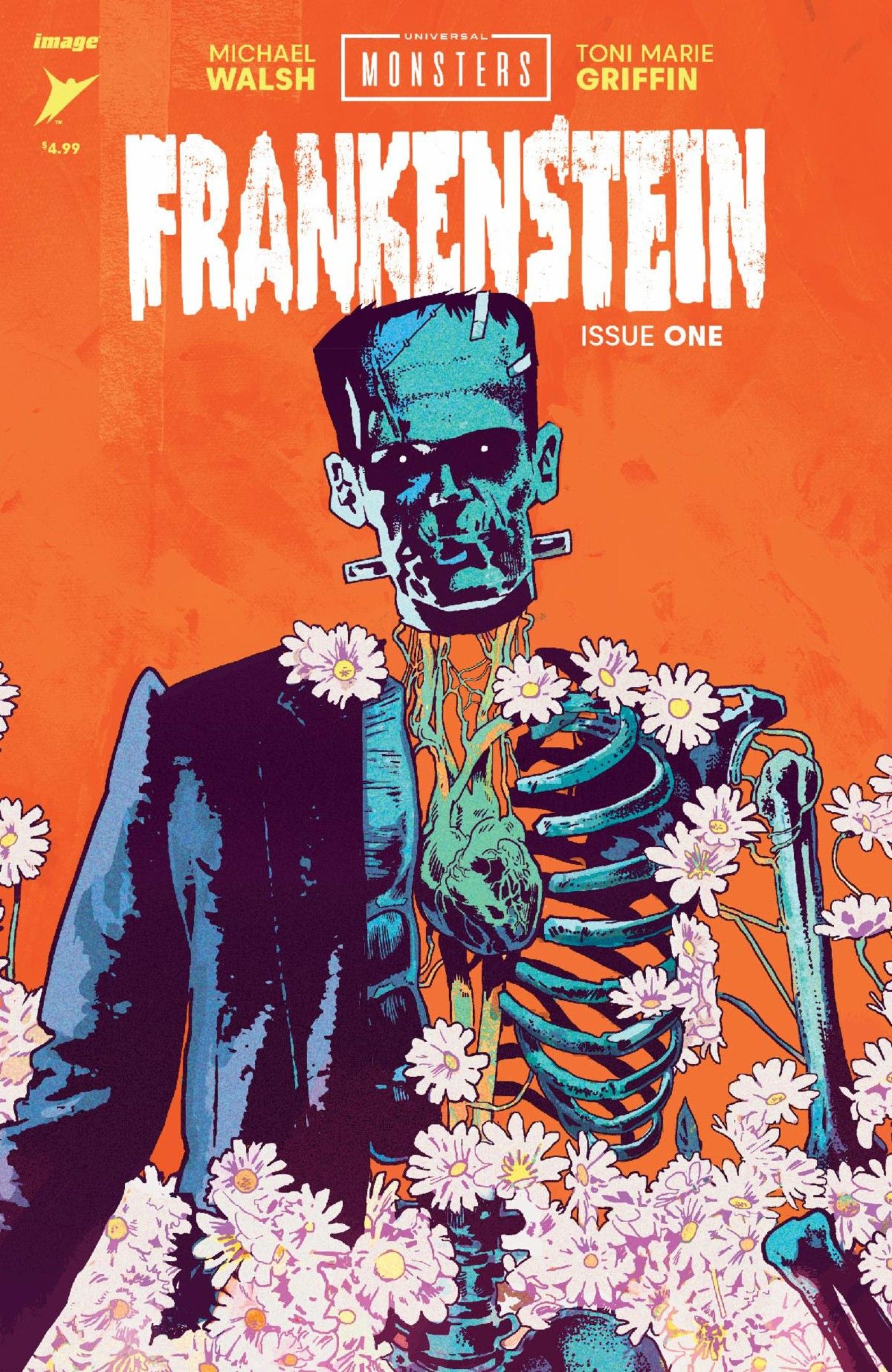 Imagem de um monstro de Frankenstein meio esqueleto e meio carne, cercado por flores.