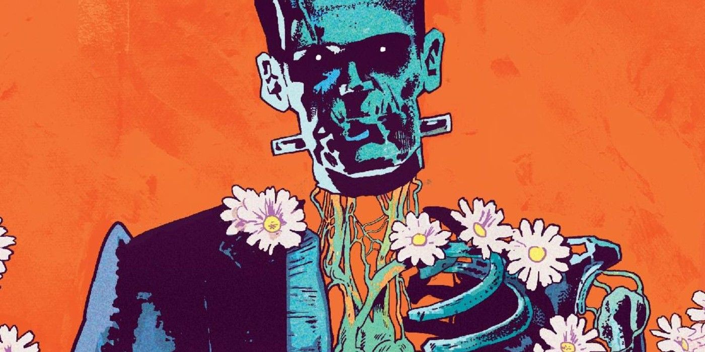 Trippy image of the Universal Monsters Frankenstein, with some of his torso exposed.
