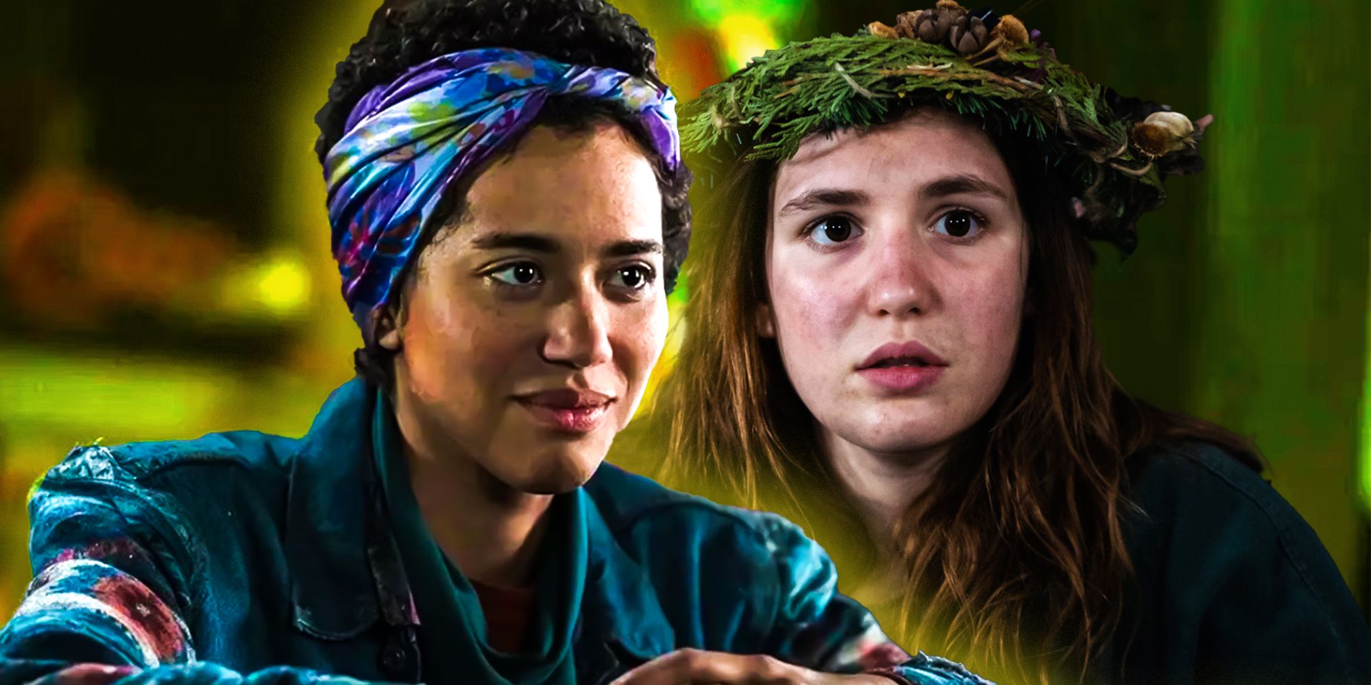 Teen Taissa sadly smiling with Teen Shauna looking worried in Yellowjackets season 2