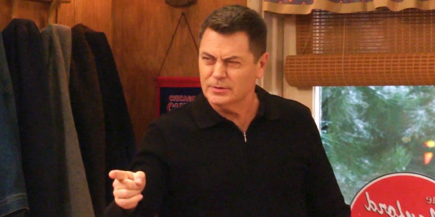 Nick Offerman pointing at someone off screen in The Conners season 6