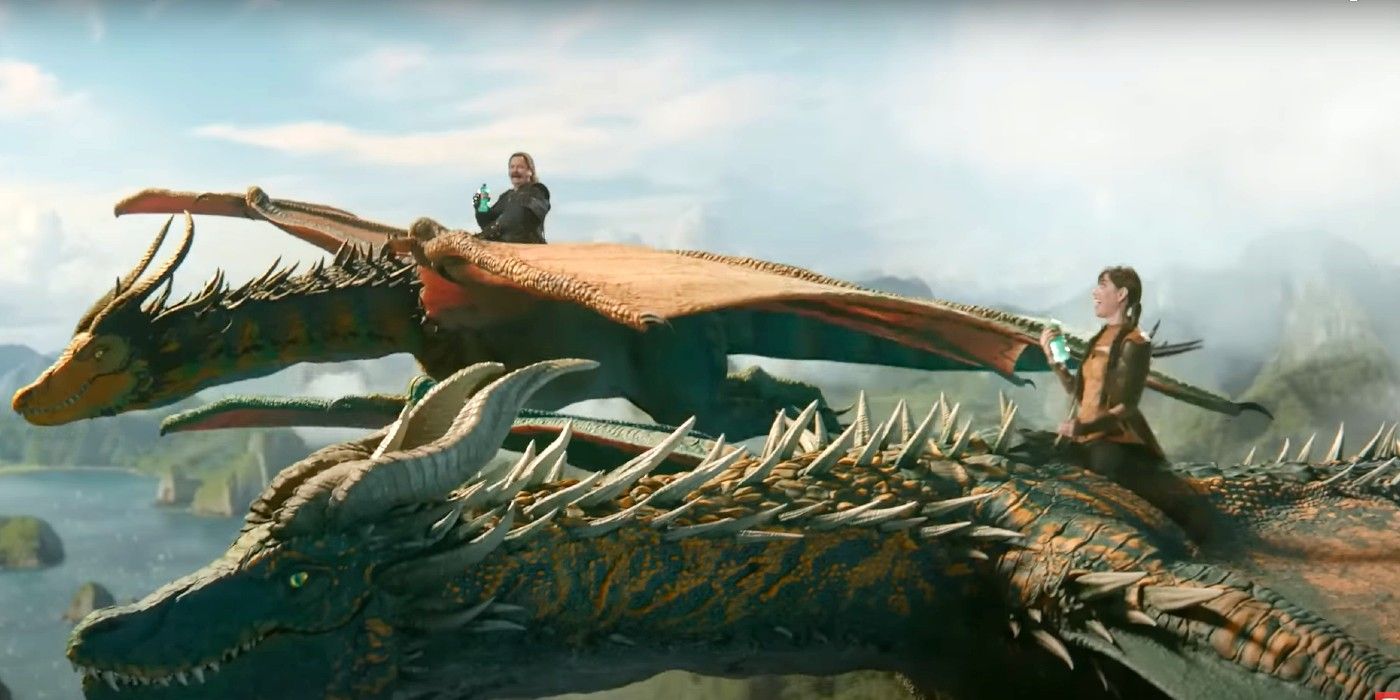 Aubrey Plaza and Nick Offerman riding dragons in a Super Bowl commercial for Mountain Dew
