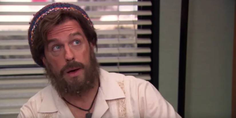 A scruffy and bearded Andy after returning from his boat trip in The Office
