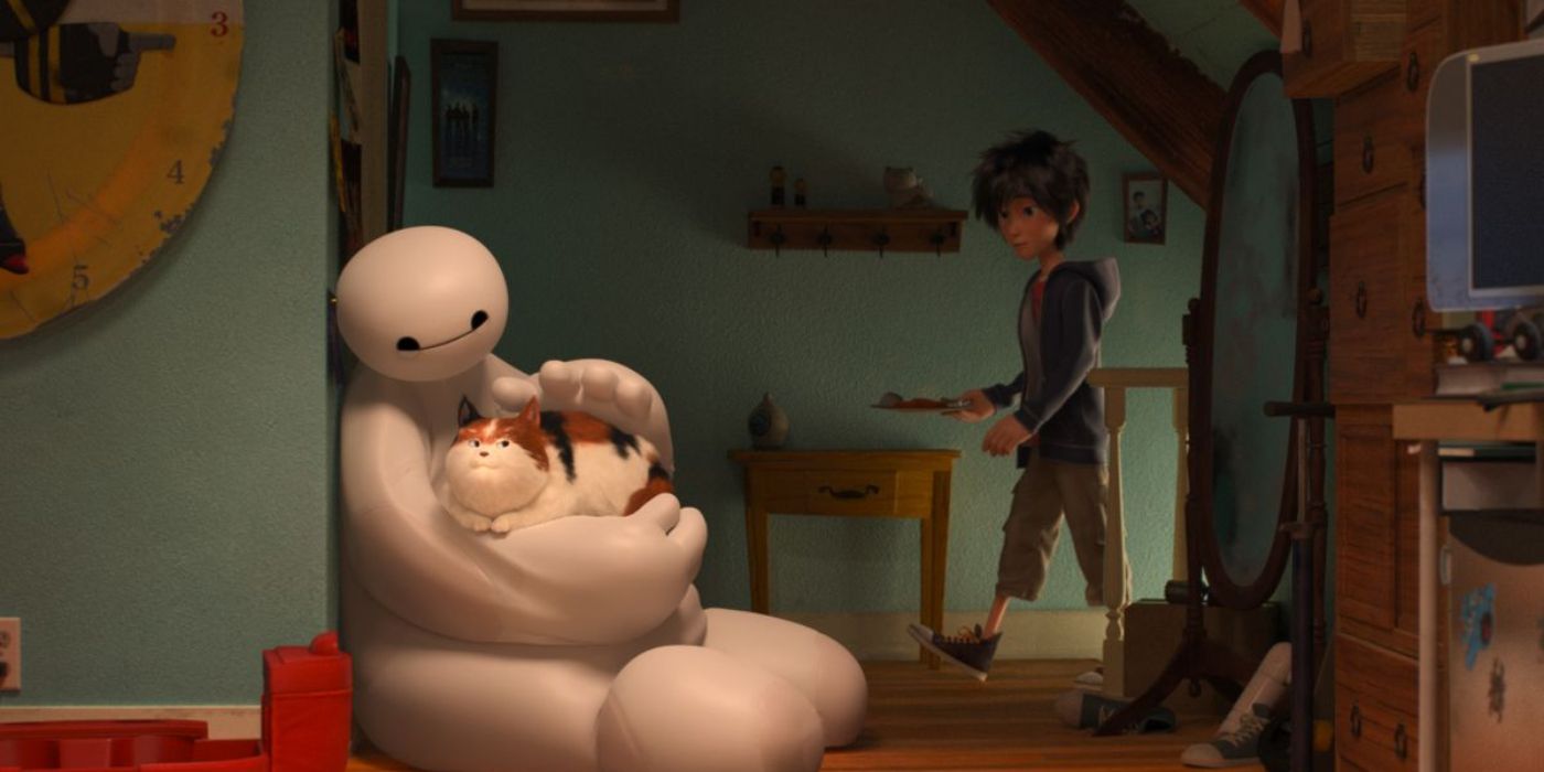 Hiro watching Baymax petting a cat in Big Hero 6