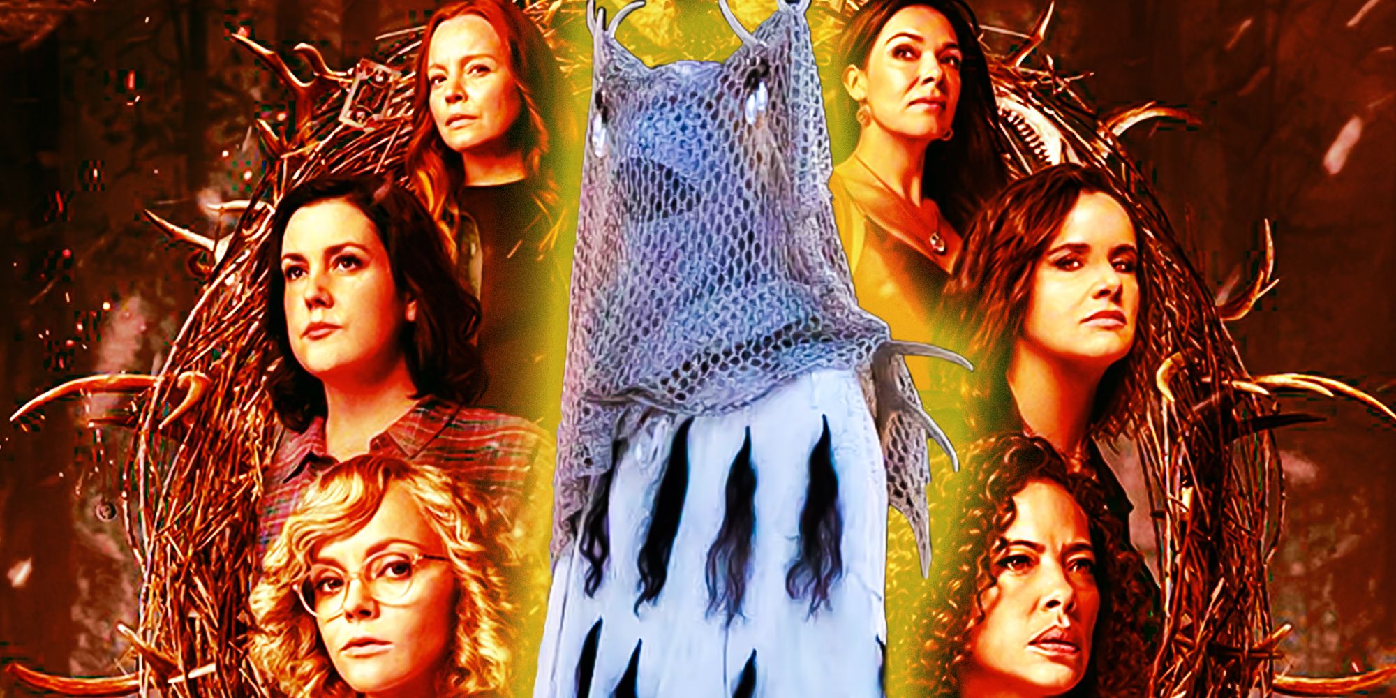 The Antler Queen from the pilot surrounded by the adult survivors in Yellowjackets season 2