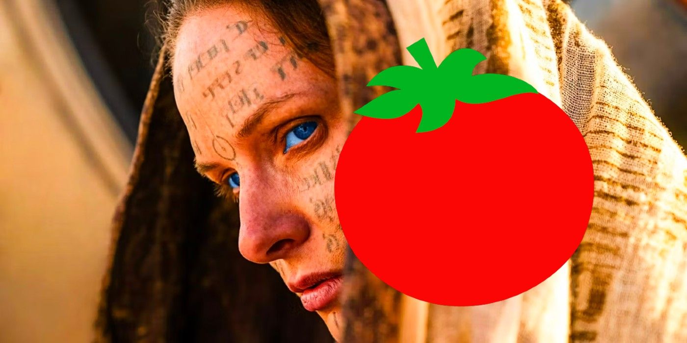 Rebecca Ferguson as Lady Jessica in Dune: Part Two next to a ripe tomato