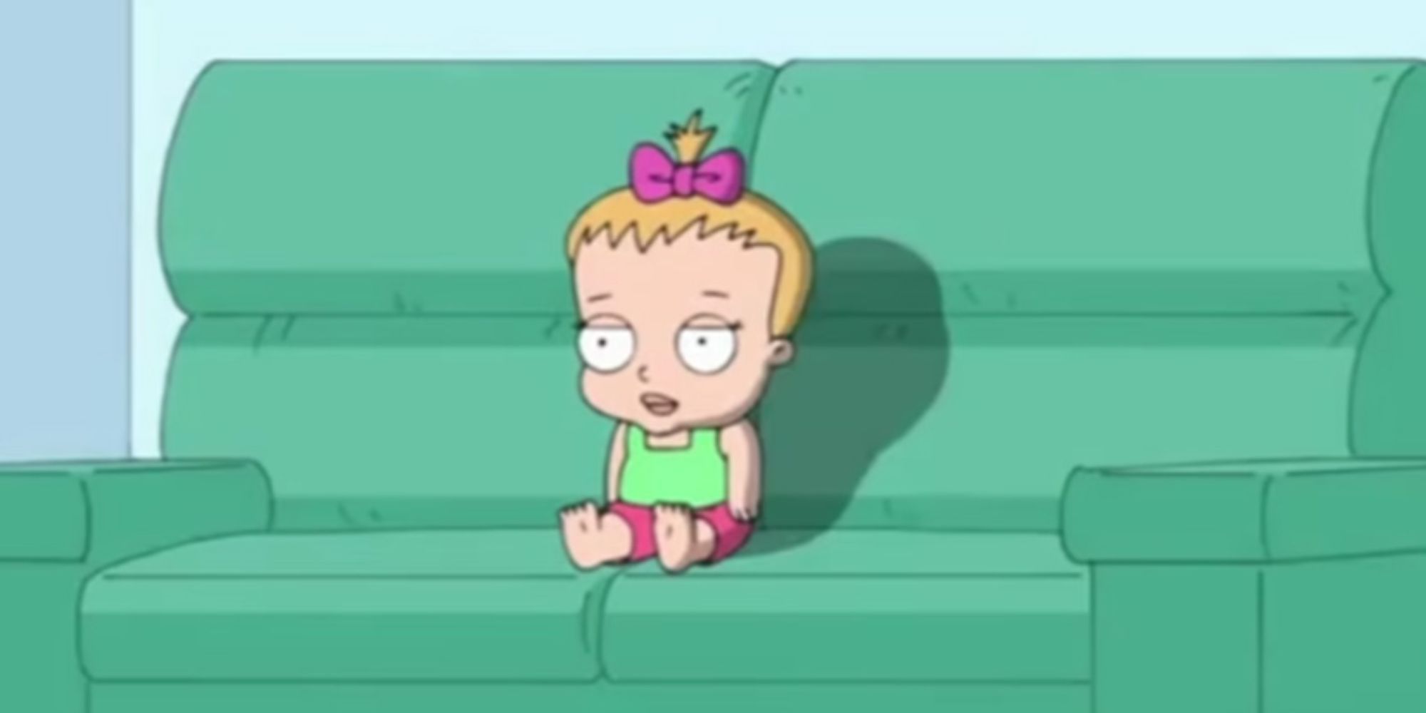 Susie Swanson sitting on a couch watching TV in Family Guy