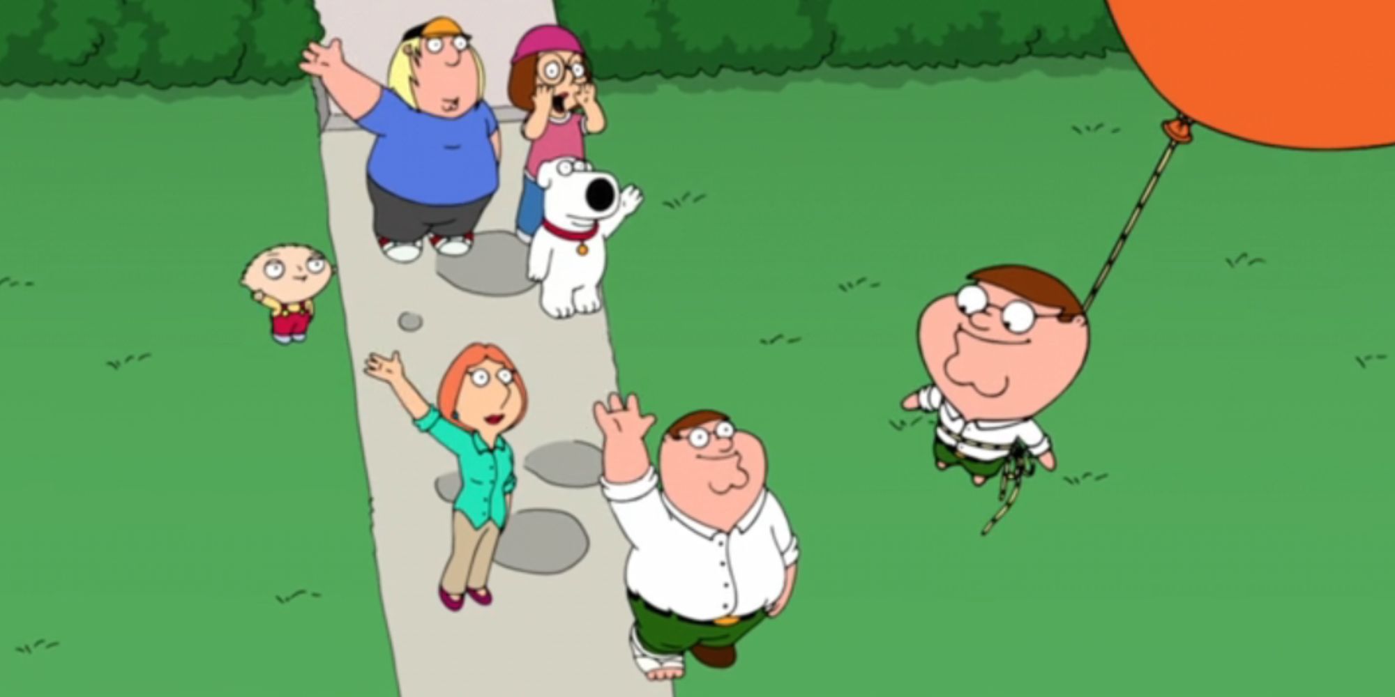 Chip floating away tied to a balloon as the Griffins bid him farewell from below in Family Guy